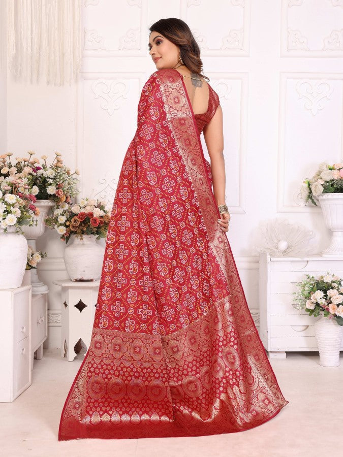 Anaita Dark Red Soft Satin Silk Bandhej Print Saree With Kanchi Zari Weaving Border - Distacart