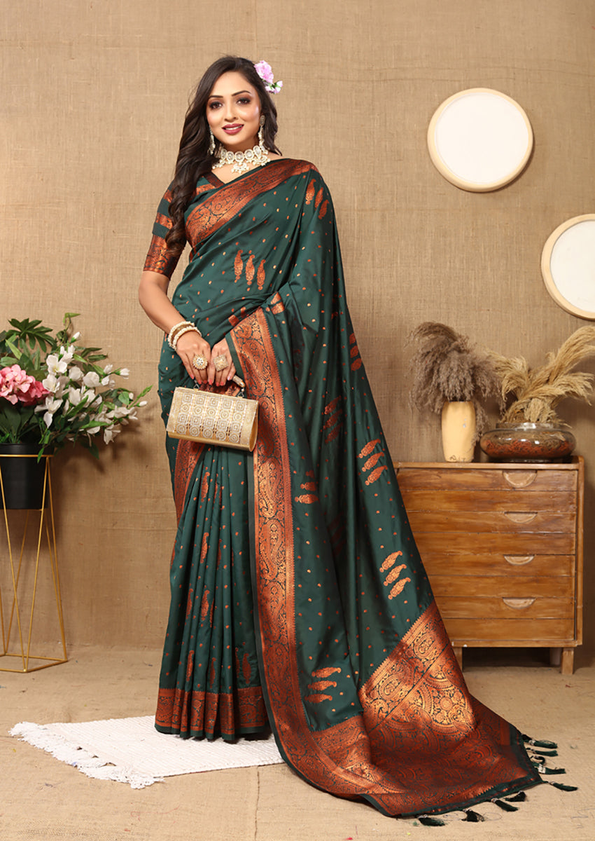 Lorenvalley Fashion Darkgreen Soft Silk Copper Zari weaving Design Saree