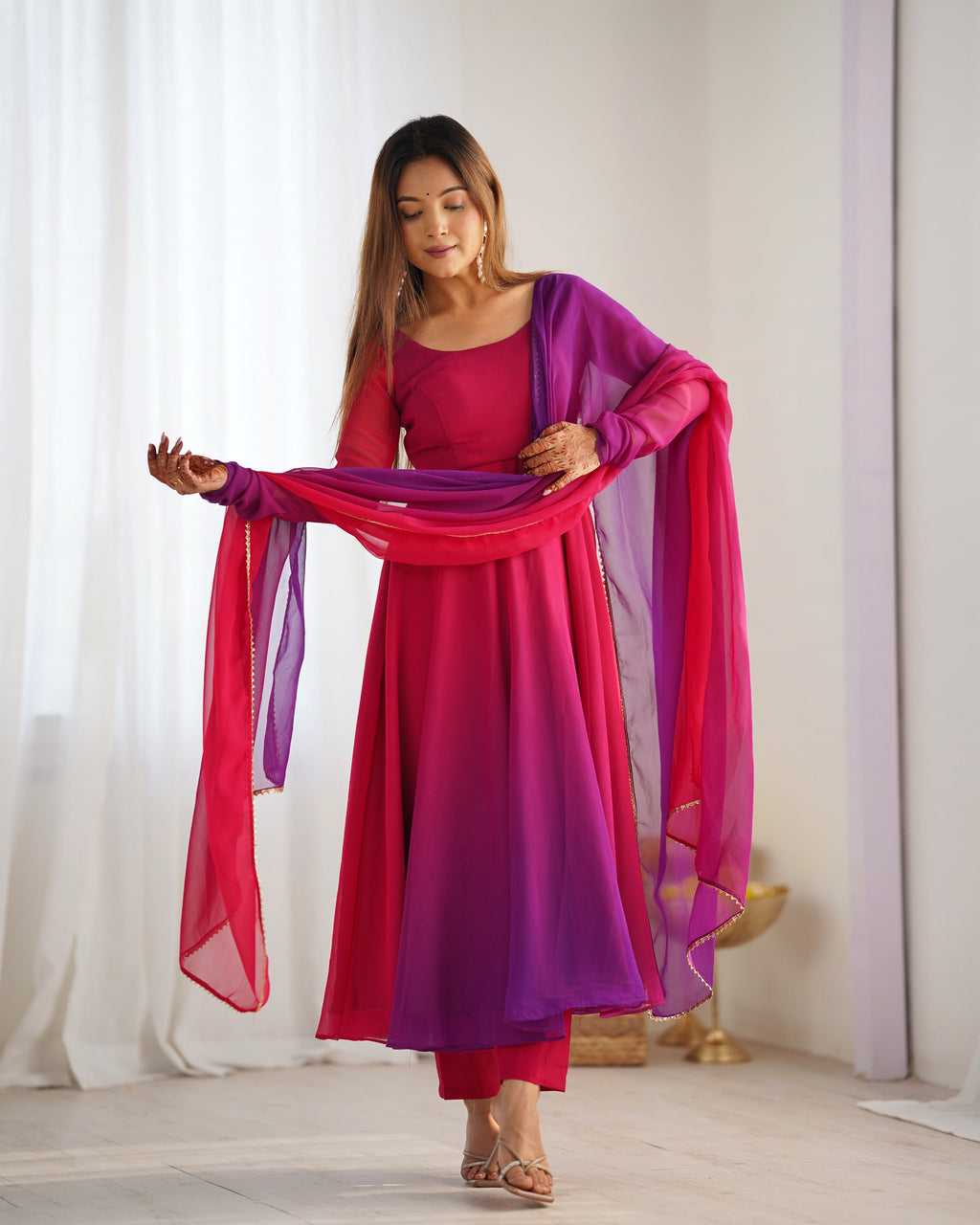 Lorenvalley Women Pure Soft Faux Georgette Colorful Padding Anarkali Kurta Pant With Dupatta Set - Darkpink