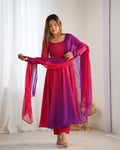 Lorenvalley Women Pure Soft Faux Georgette Colorful Padding Anarkali Kurta Pant With Dupatta Set - Darkpink