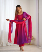 Lorenvalley Women Pure Soft Faux Georgette Colorful Padding Anarkali Kurta Pant With Dupatta Set - Darkpink