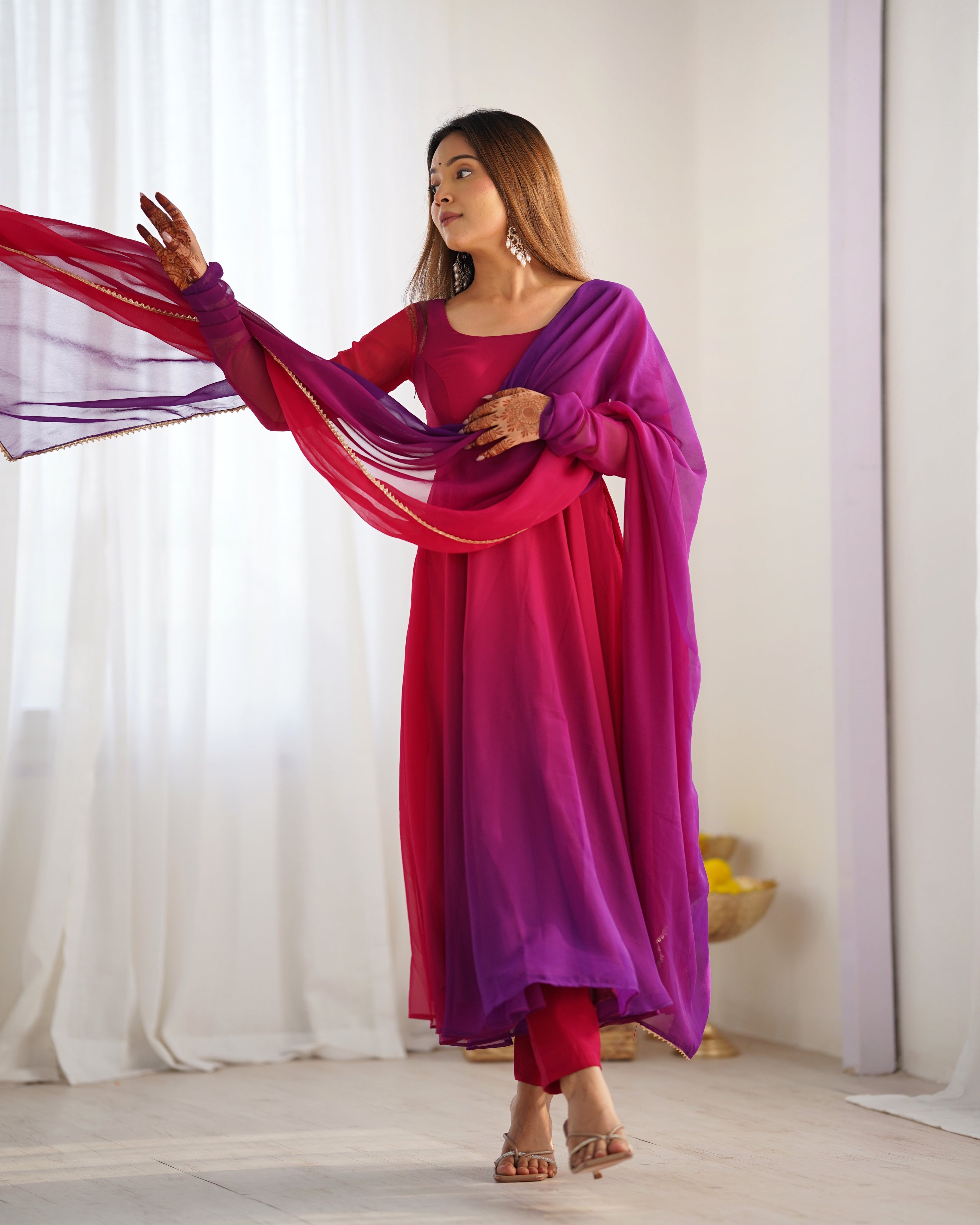 Lorenvalley Women Pure Soft Faux Georgette Colorful Padding Anarkali Kurta Pant With Dupatta Set - Darkpink