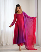 Lorenvalley Women Pure Soft Faux Georgette Colorful Padding Anarkali Kurta Pant With Dupatta Set - Darkpink
