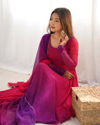 Lorenvalley Women Pure Soft Faux Georgette Colorful Padding Anarkali Kurta Pant With Dupatta Set - Darkpink