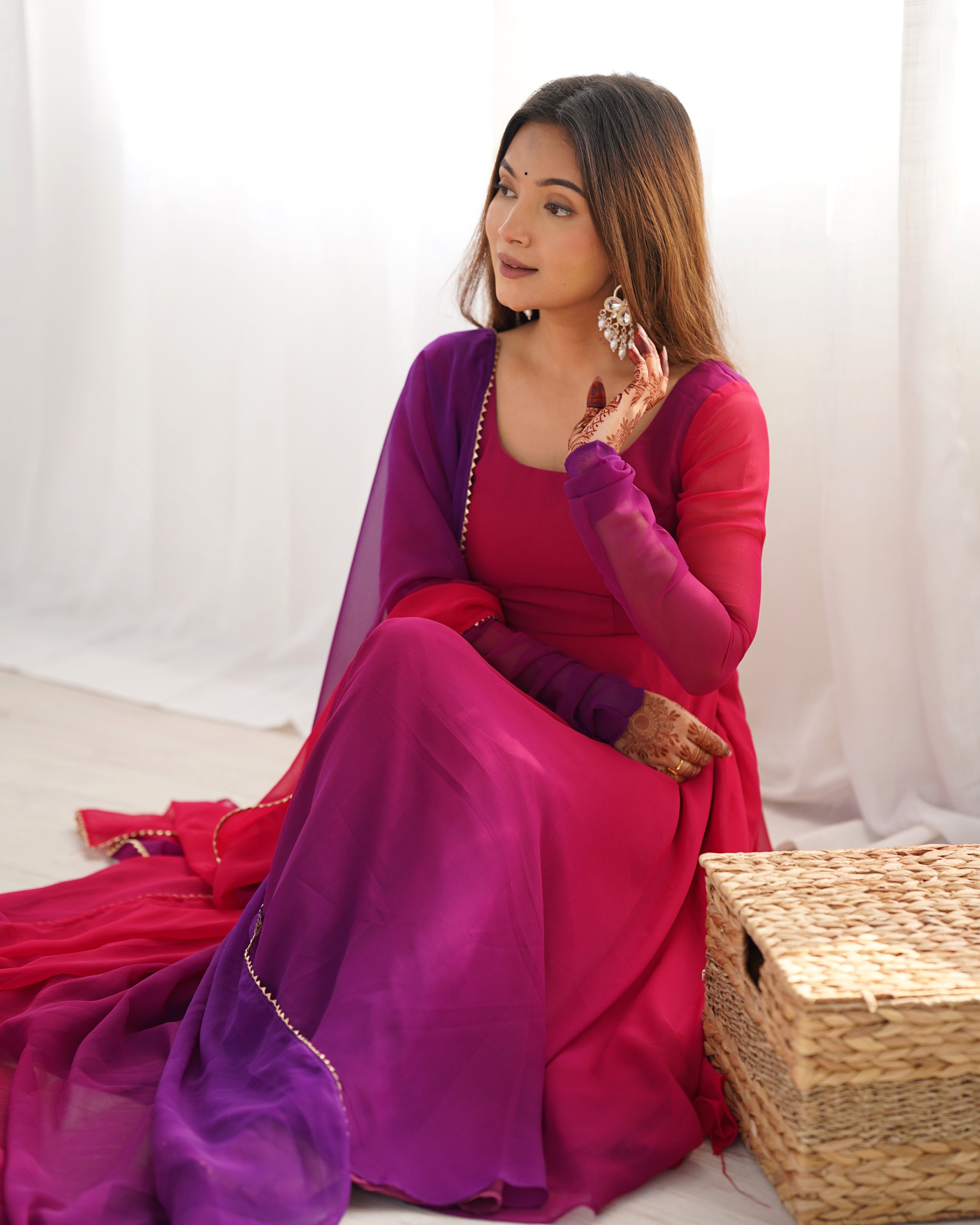 Lorenvalley Women Pure Soft Faux Georgette Colorful Padding Anarkali Kurta Pant With Dupatta Set - Darkpink