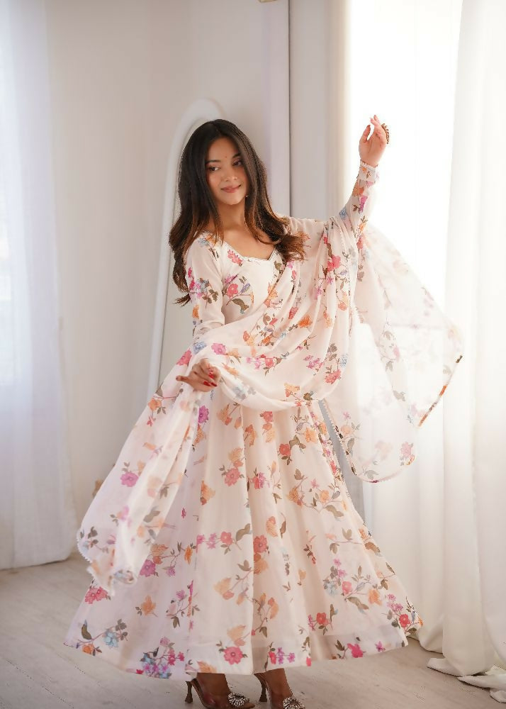 Teeya Creation Cream Faux Georgette Digital Print Party Wear Long Gown - Distacart