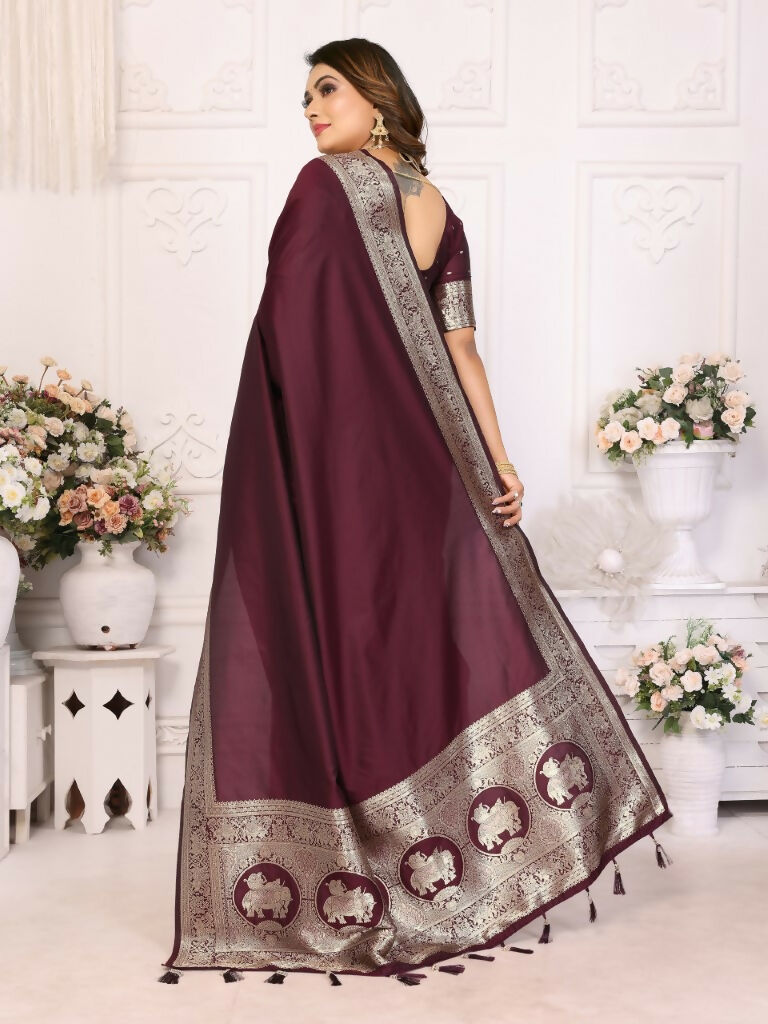 Anaita Dark Brown Banarasi Silk With Beautiful Gala Weaving Saree With Blouse