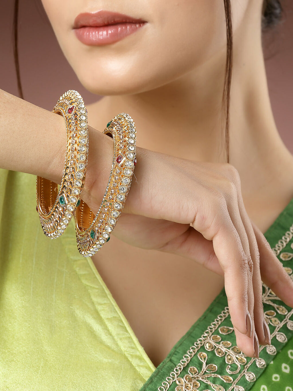 NVR Women's Set of 2 Gold-Plated Kundan Traditional Bangles - Distacart