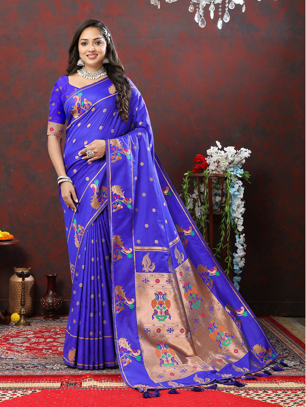 Lorenvalley Fashion Blue Soft Paithani Silk Woven Design Copper Zari Meenakari Weaving Saree