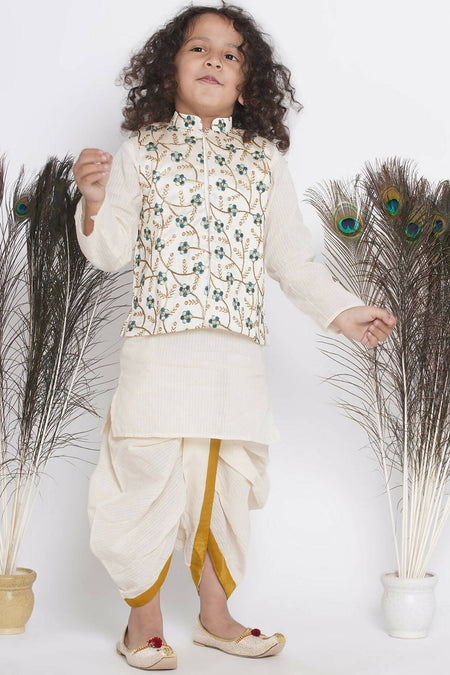 Little Bansi Banarsi Silk Blue Floral Embroidery Jacket With Cotton Kantha kurta And Kantha Dhoti - Cream