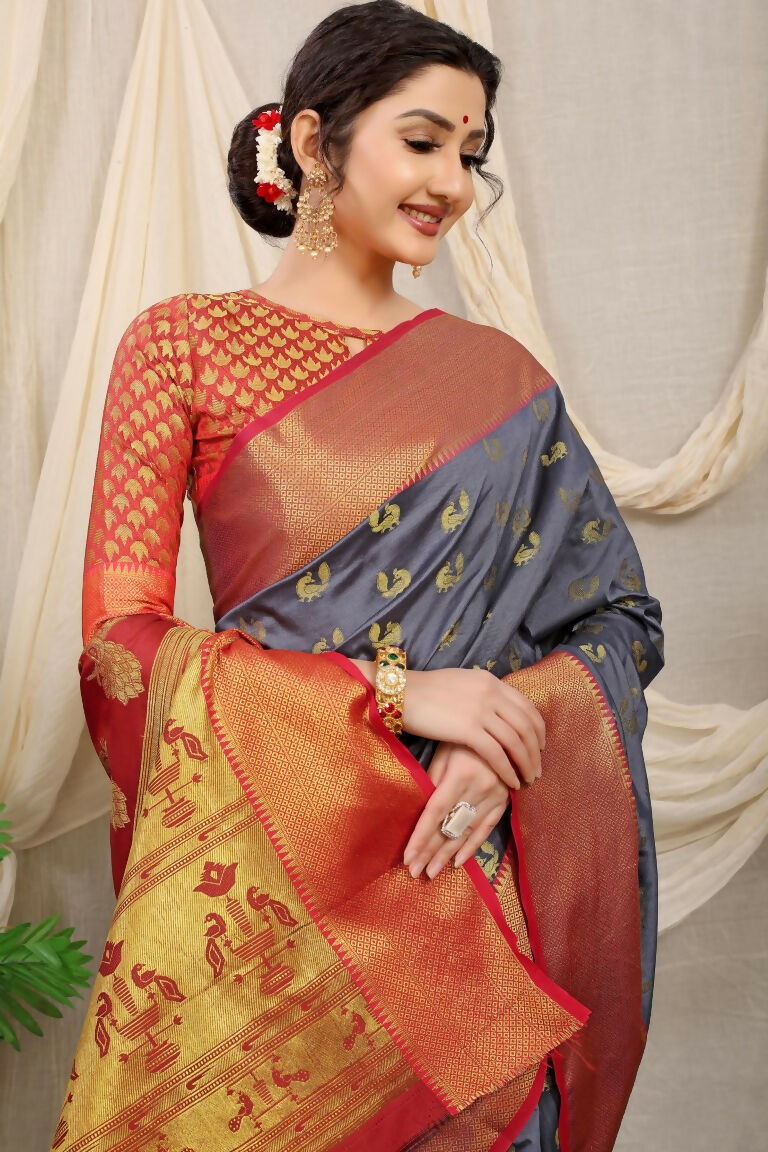 Jyoti Fashion Women's Grey Banarasi Silk Zari Woven Saree with Blouse
