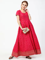 Cheera Women's Deep Pink Cotton & Silk Hand Block Print Long Dress With Silk Dupatta Set