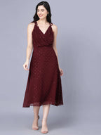 Myshka Georgette Solid Sleeveless Shoulder Straps Maroon Women Dress - Distacart