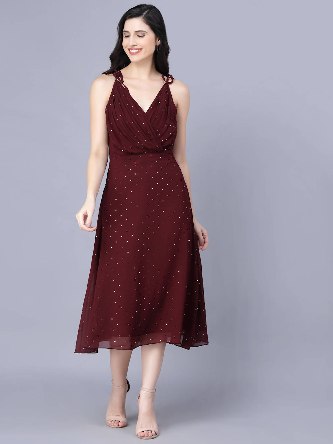 Myshka Georgette Solid Sleeveless Shoulder Straps Maroon Women Dress - Distacart