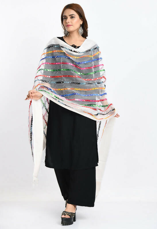 Mominos Fashion Moeza Women's Orgenza Multi Thread Mirror Work White Dupatta - Distacart