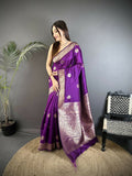 Joban Fashion Purple Floral Jacquard Woven Design Cotton Silk Banarasi Silk Saree - Distacart