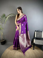 Joban Fashion Purple Floral Jacquard Woven Design Cotton Silk Banarasi Silk Saree - Distacart
