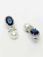 NVR Women's Silver-Plated Blue American Diamond Studded Handcrafted Jewellery Set