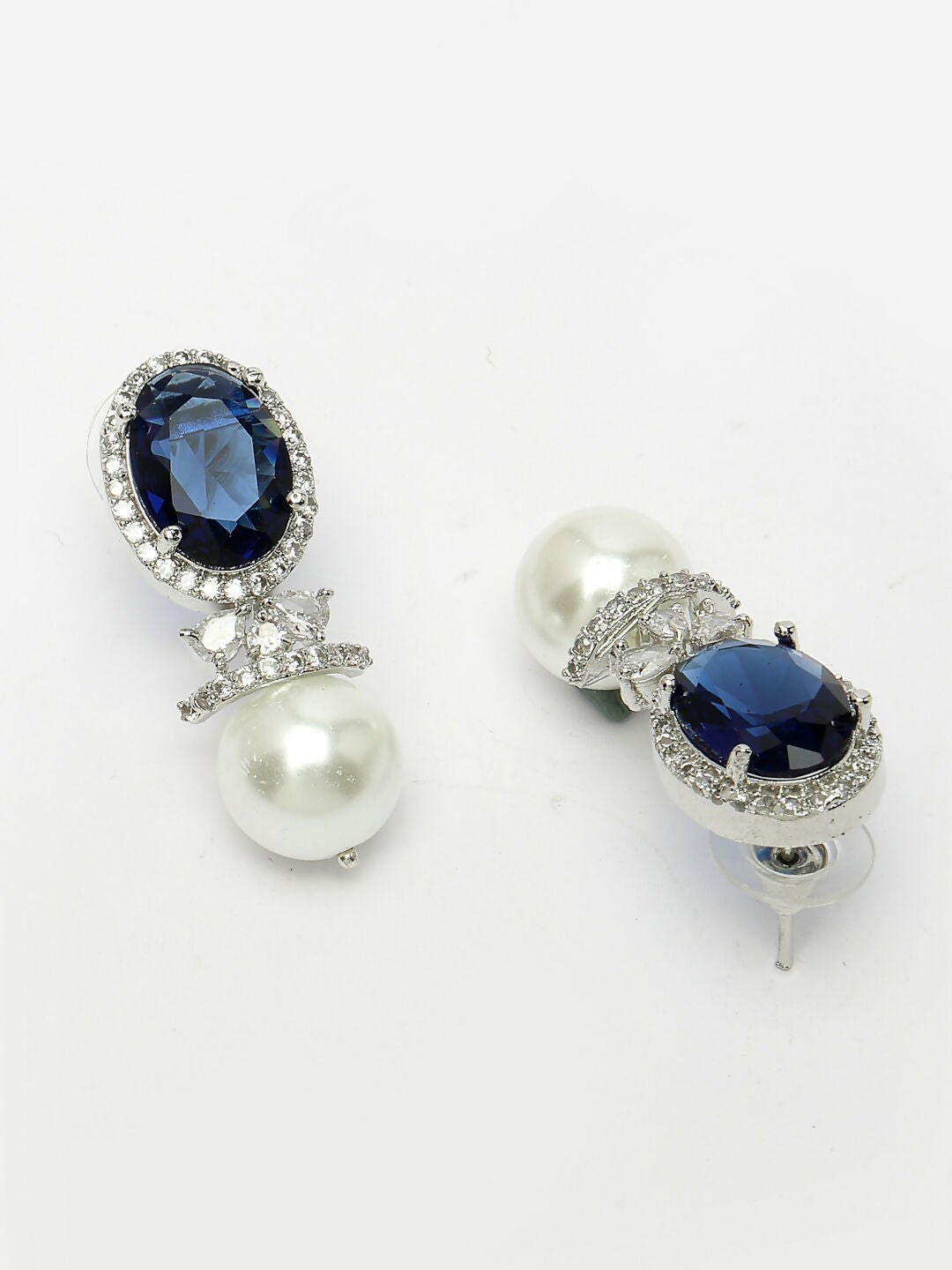 NVR Women's Silver-Plated Blue American Diamond Studded Handcrafted Jewellery Set