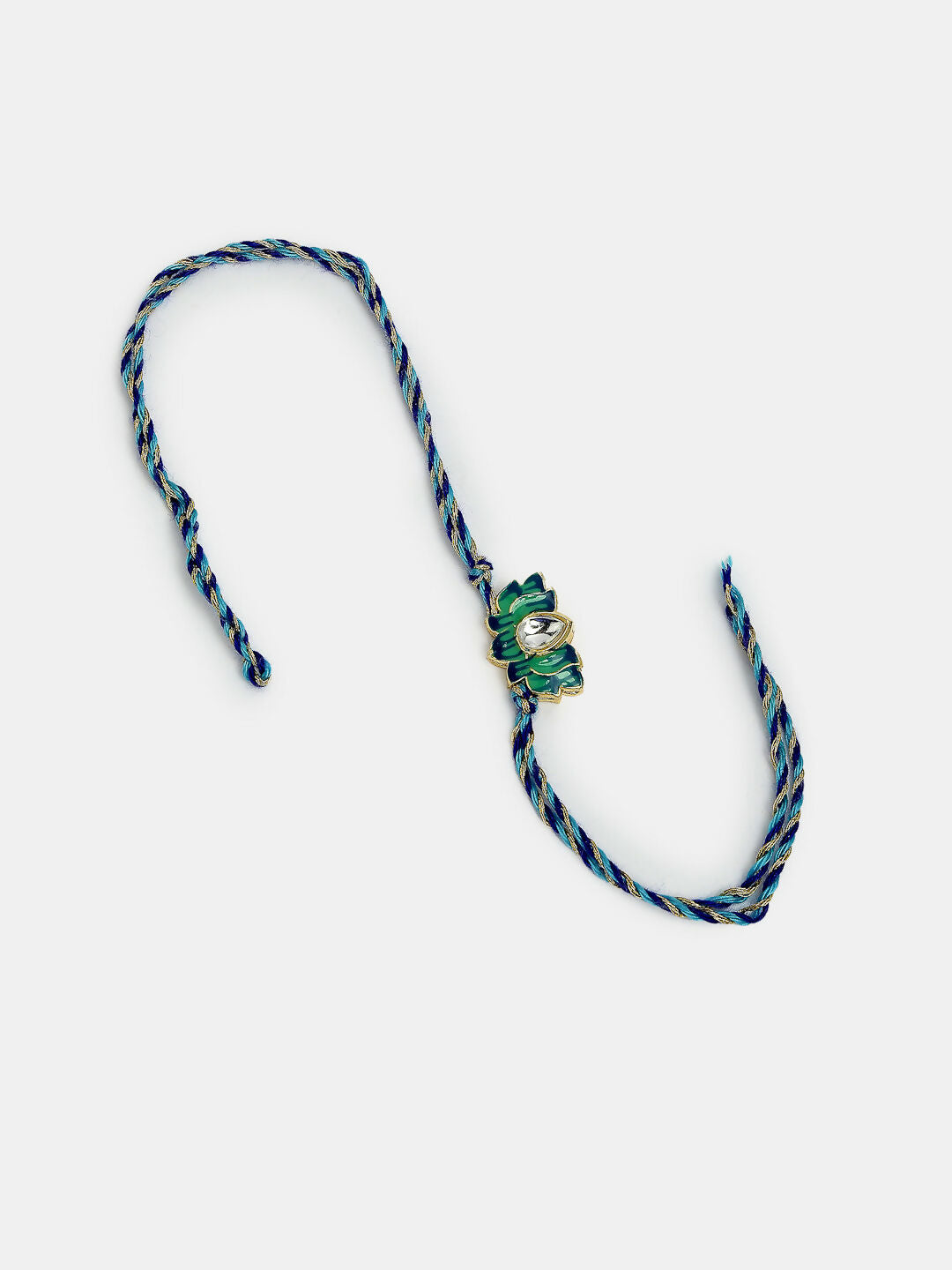 NVR Women & Men Set of 2 Turquoise Blue Lotus Shape Kundan-Studded & Beaded Handcrafted Wraparound Rakhi Set With Roli Chawal - Distacart