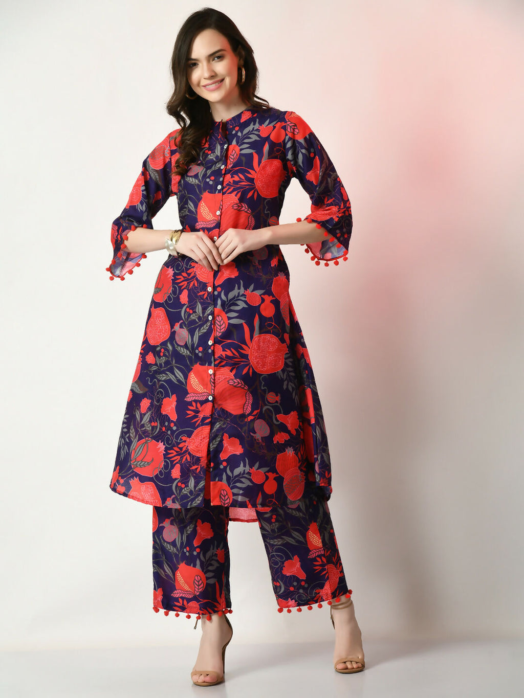 Myshka Women's Navy Blue Printed Kurta With Palazzos