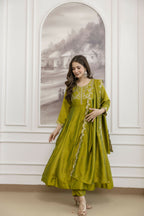 The52 Light Green Women's Beautiful Vichitra Silk Fabric Embroidered Work Flared Anarkali Pant and Dupatta Set - Distacart