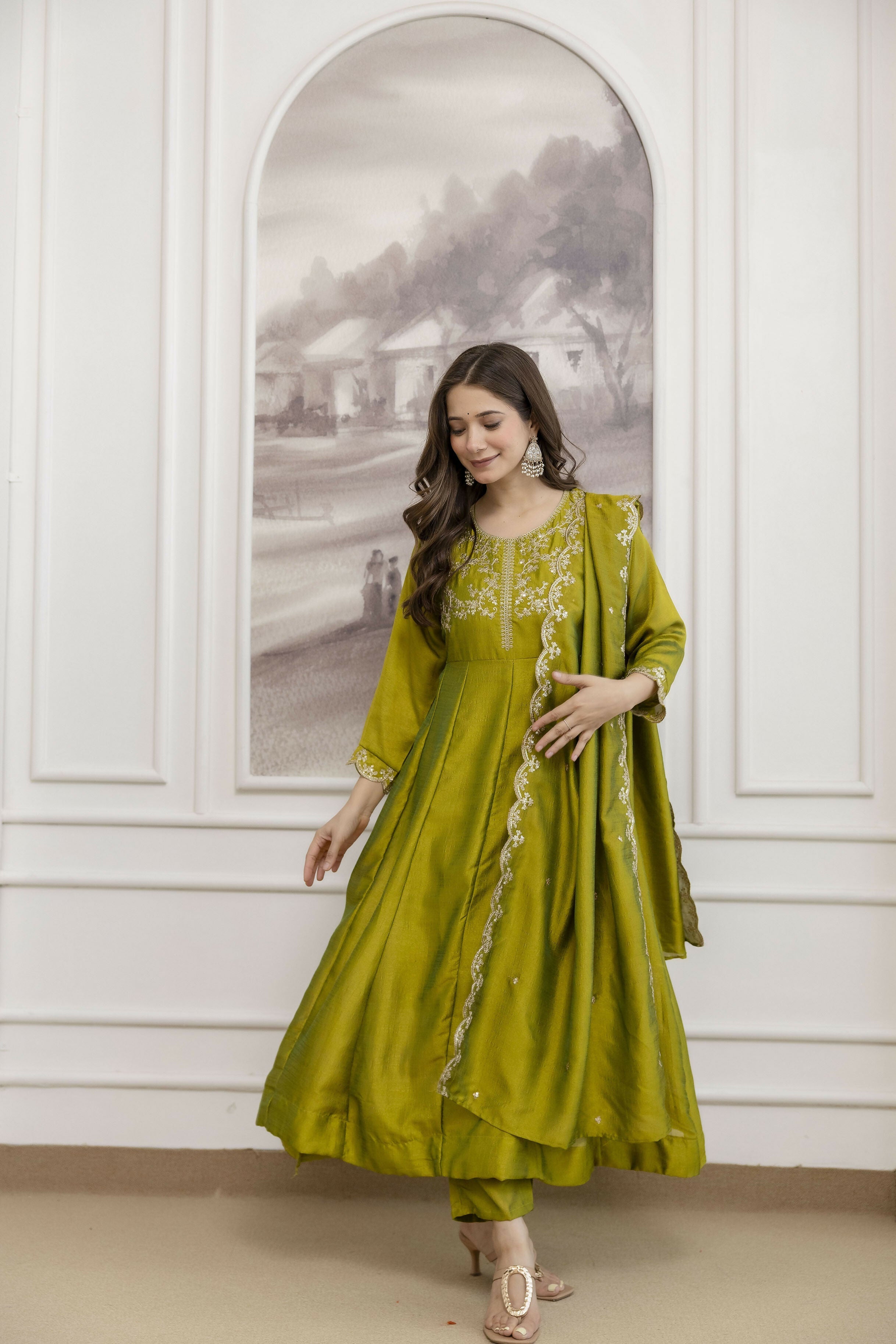The52 Light Green Women's Beautiful Vichitra Silk Fabric Embroidered Work Flared Anarkali Pant and Dupatta Set - Distacart