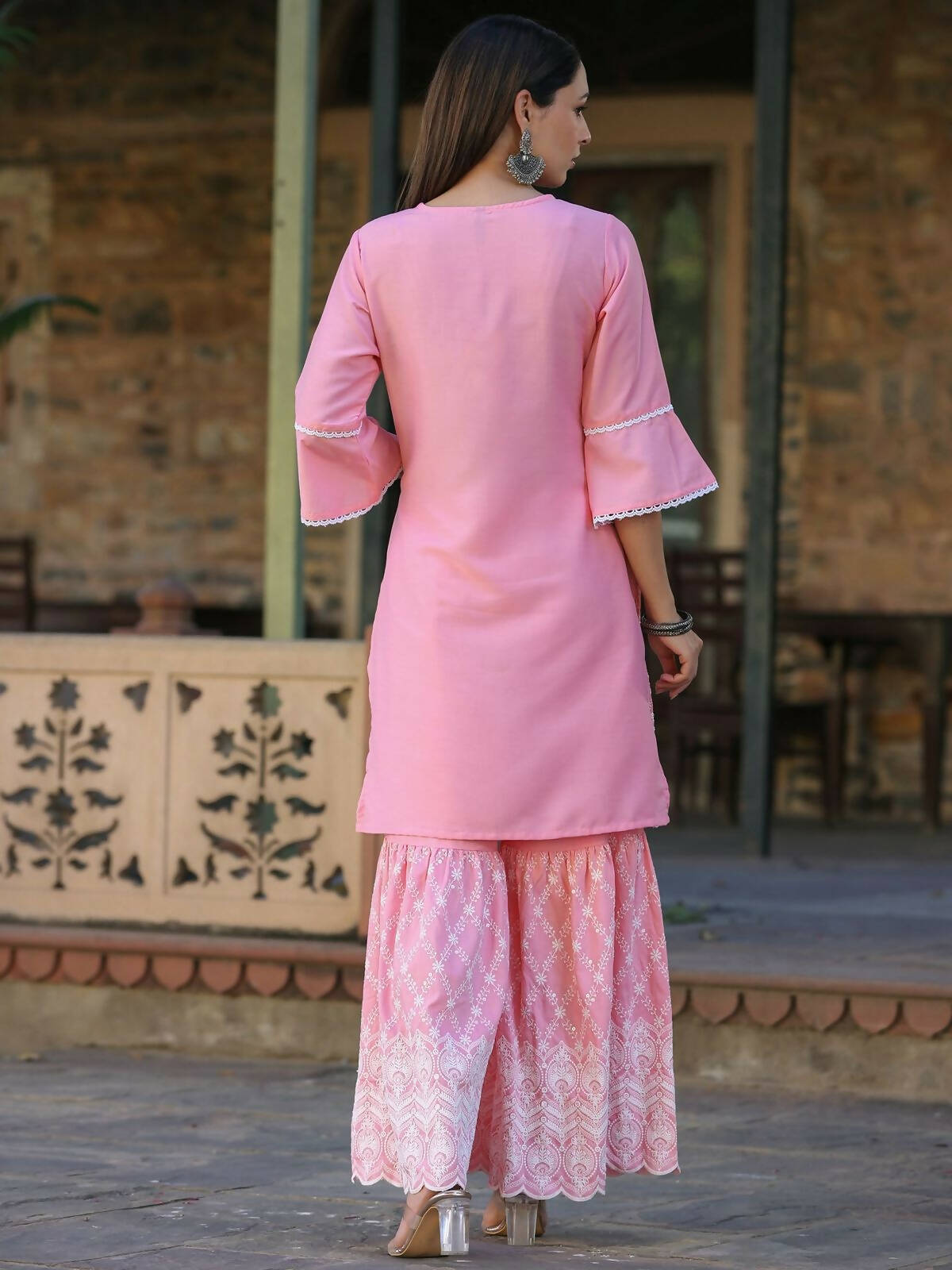 Juniper Women's Pink Chinnon Embroidered Kurta Garara Set - Distacart