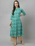 FIORRA Women's Floral Printed Teal Green Pure Cotton Straight Kurta