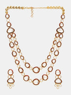 Ruby Raang 22k Gold Polished Red Meenakari Kundan Layered Necklace With Earrings & Maang Tikka