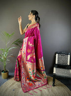Joban Fashion Dark Pink Zari Woven Floral Motifs Soft Silk Paithani Silk Saree - Distacart