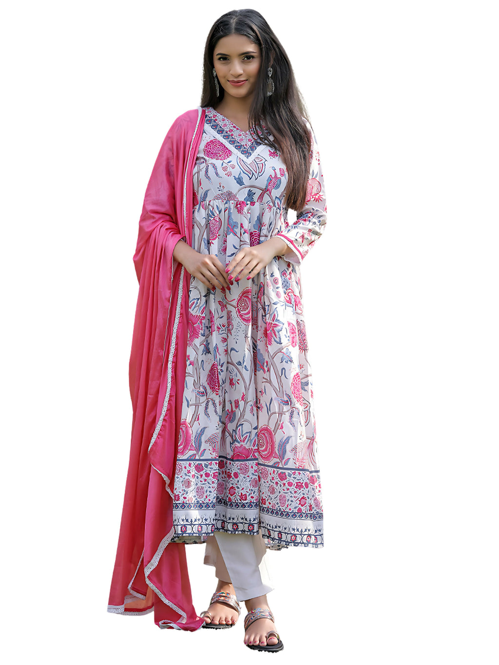 The52 Women's Beautiful Rayon Fabric Printed Work Flared Kurta Pant and Dupatta Set - Distacart