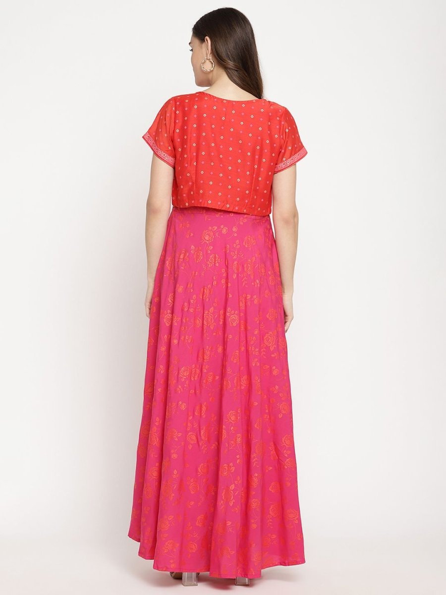 Ahalyaa Pink Crepe Orange khari Print Kurta with Jacket
