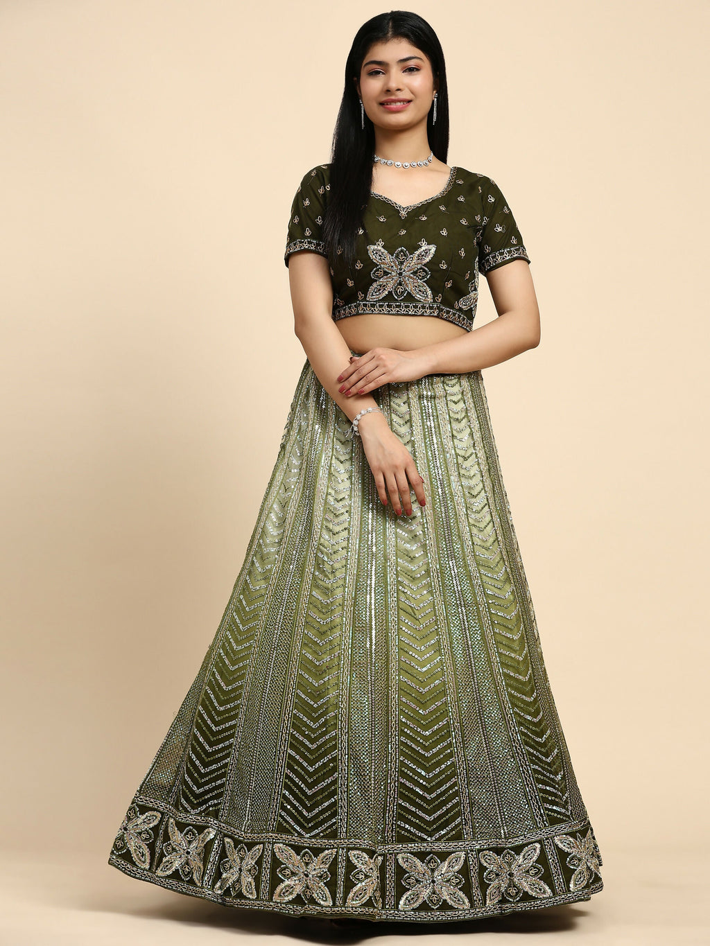 Green Fancy Net Sequence Embroidered Lehenga Choli with Dupatta - Dhara