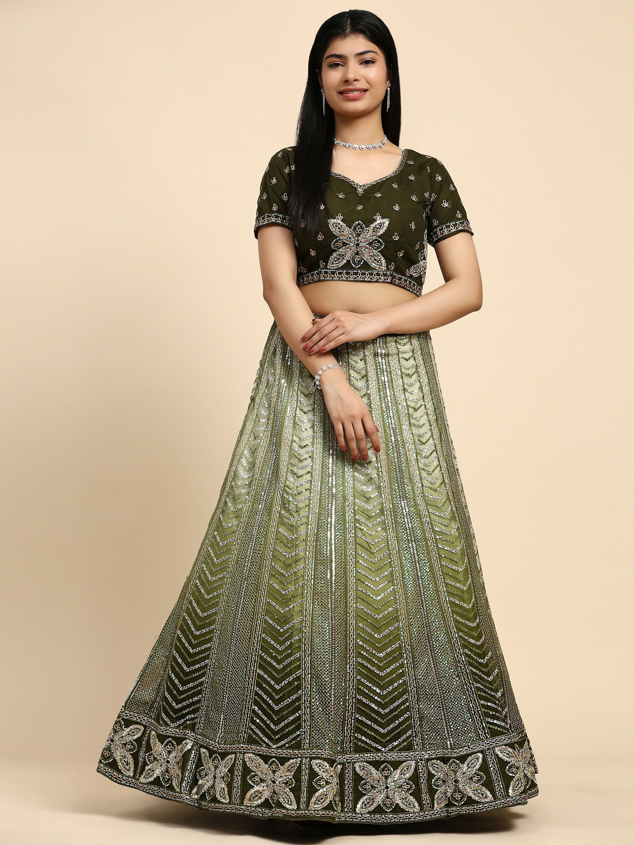 Green Fancy Net Sequence Embroidered Lehenga Choli with Dupatta - Dhara