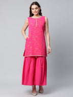 Ahalyaa Pink Crepe Orange khari Print Kurta Sharara Set With Dupatta - Distacart