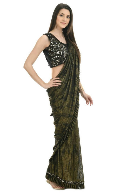 Mominos Fashion All Season Wear Olive Green And Black Ruffled Ready To Wear Saree
