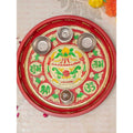 Tied Ribbons Red Printed Pooja Thali With Attached Incense Diya Tilak Holder