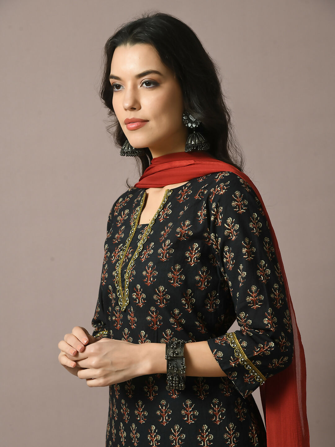 Myshka Women's Black Printed Cotton Straight Party Kurta Set With Dupatta