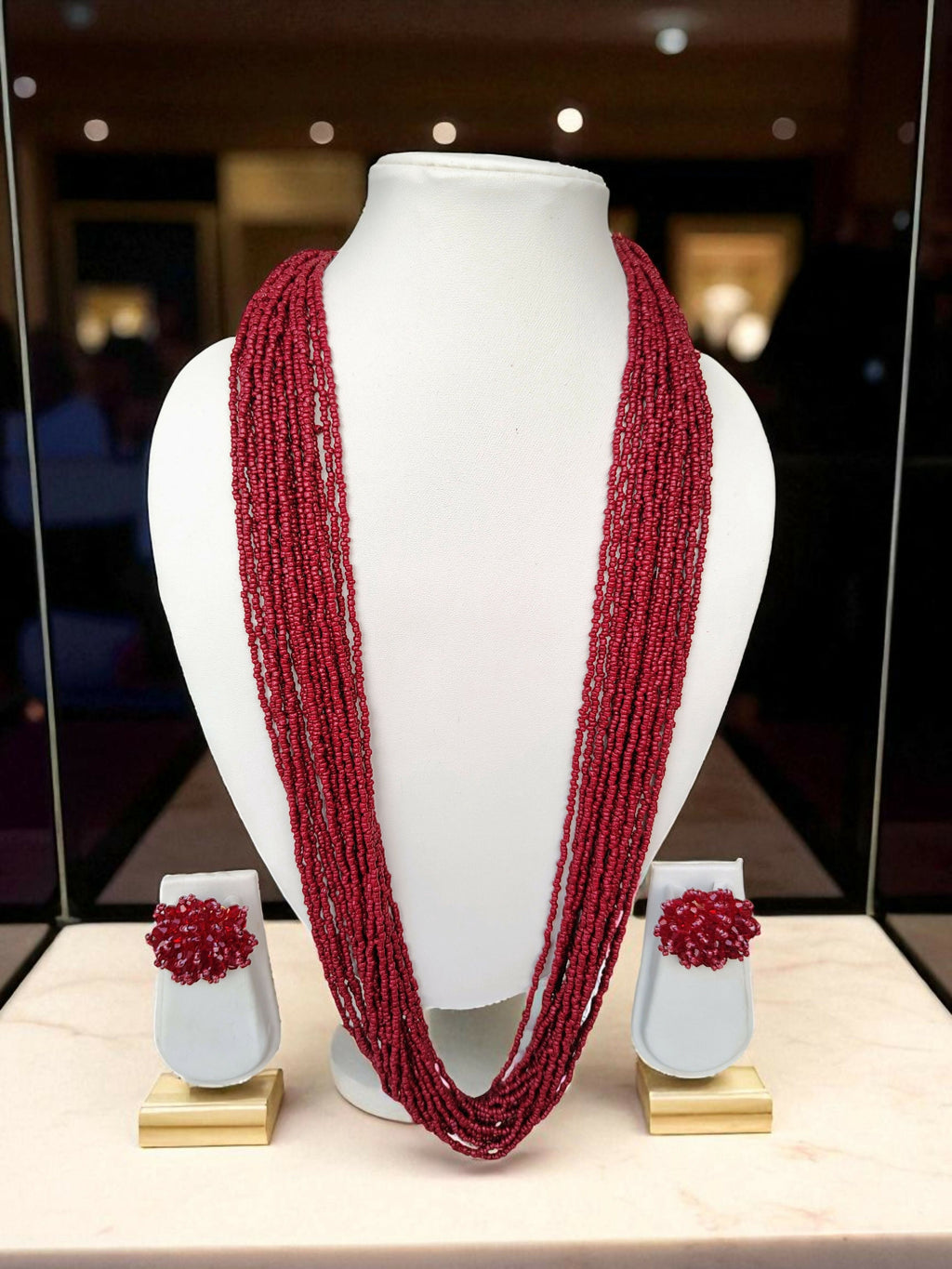 Inhanns Rangsaaz 20-Layer Luxe Long Beaded Necklace (With Optional Statement Earrings) - Maroon With Earring