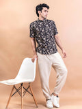 Miravan Men's Floral Printed Half Sleeve Spread Collar Ethnic Motifs Black Slim Fit Shirt