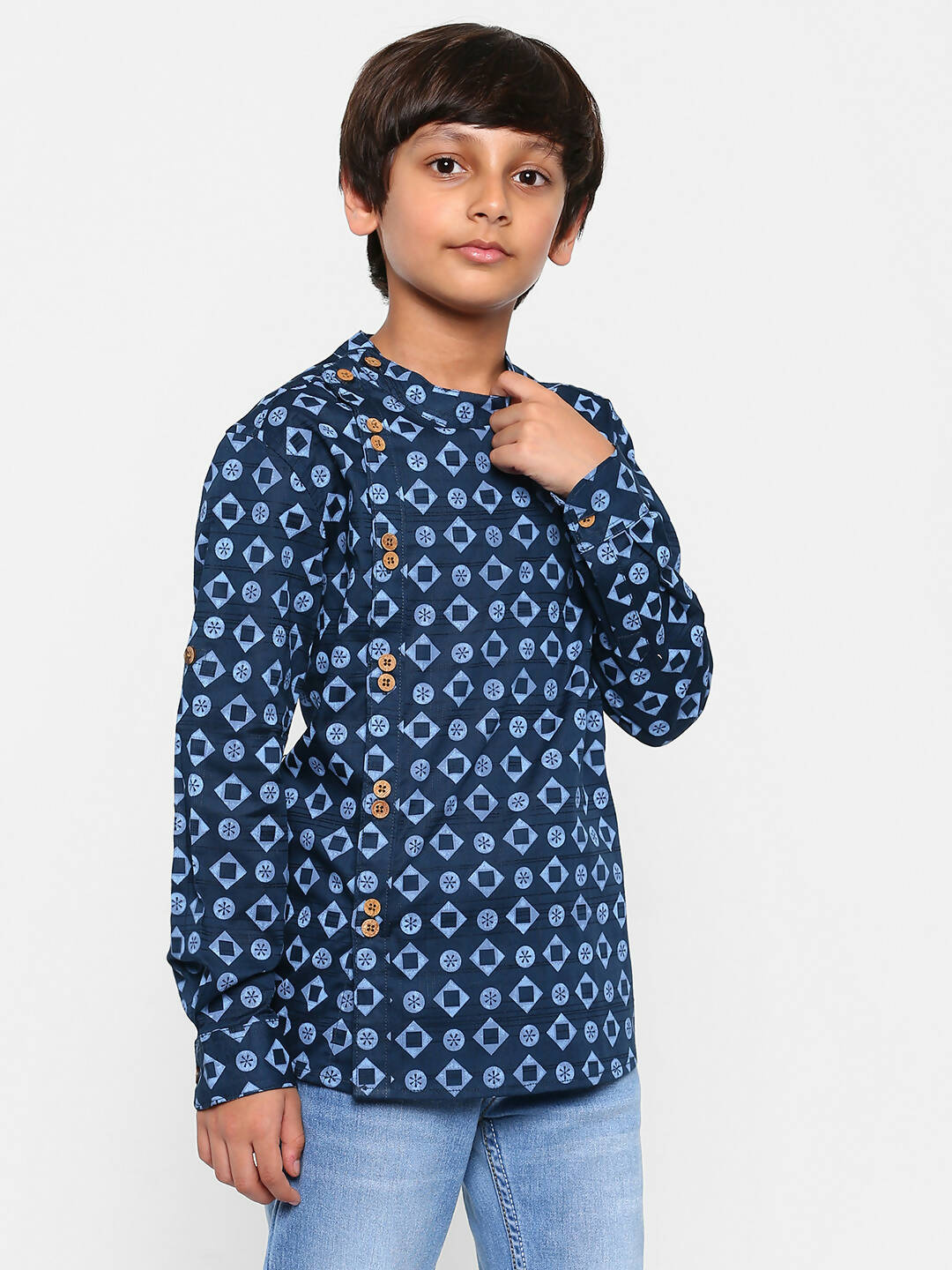 Manet Ethnic Full Sleeves Circle Printed Shirt - Blue