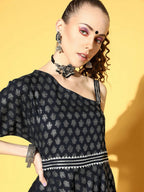 Ahalyaa Women Navy Blue Colour Rayon Silver Foil Printed Top Palazzo Set - Distacart