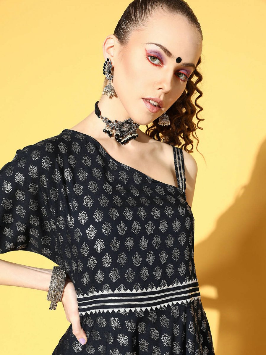 Ahalyaa Women Navy Blue Colour Rayon Silver Foil Printed Top Palazzo Set - Distacart