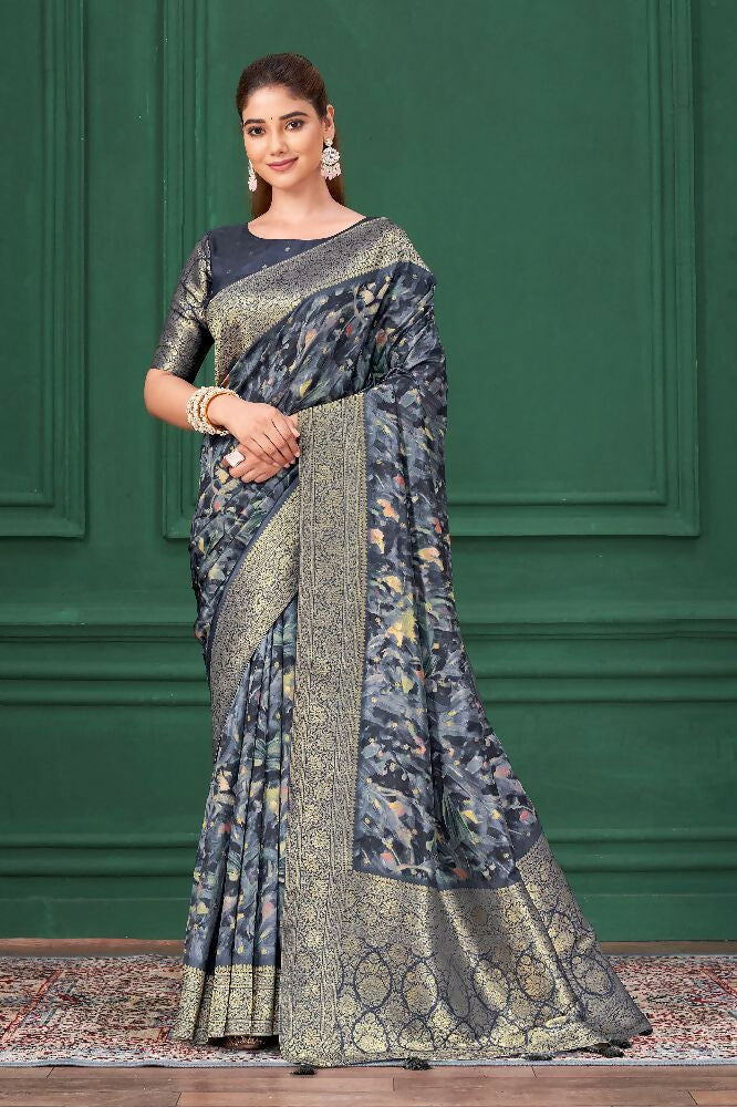Blue Tussar Silk Jacquard Abstract Digital Print Saree with Unstitched Blouse - Mohira