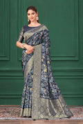 Blue Tussar Silk Jacquard Abstract Digital Print Saree with Unstitched Blouse - Mohira