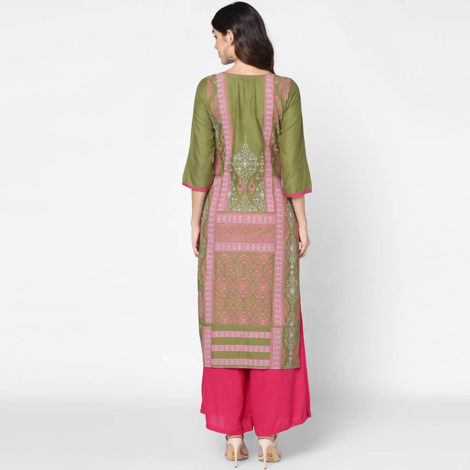 Cheera Hand Block Print Olive Green & Magenta Straight Kurta With Palazzo (MAAI-073K)