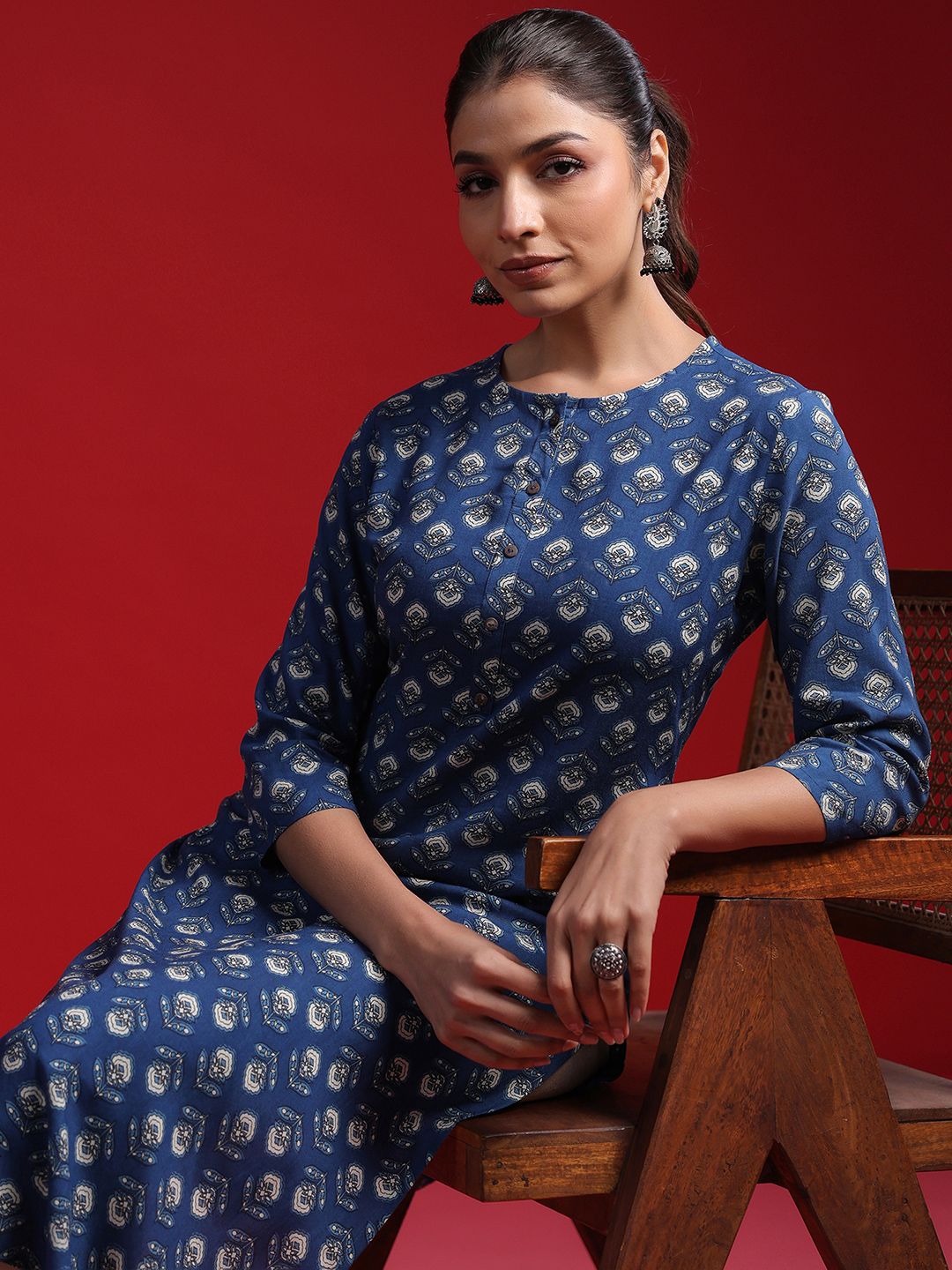 Indo Era Women Geometric Printed Thread Work Kurta - Distacart