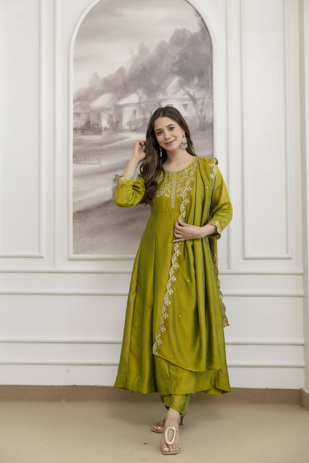 The52 Light Green Women's Beautiful Vichitra Silk Fabric Embroidered Work Flared Anarkali Pant and Dupatta Set - Distacart