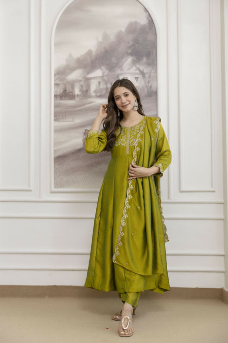 The52 Light Green Women's Beautiful Vichitra Silk Fabric Embroidered Work Flared Anarkali Pant and Dupatta Set